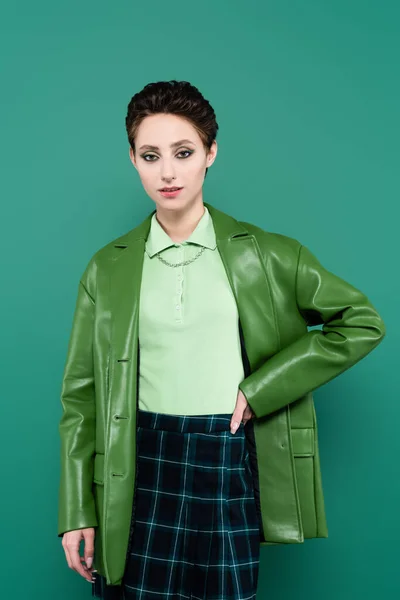 Young Woman Leather Jacket Plaid Skirt Posing Hand Hip Isolated — Stock Photo, Image