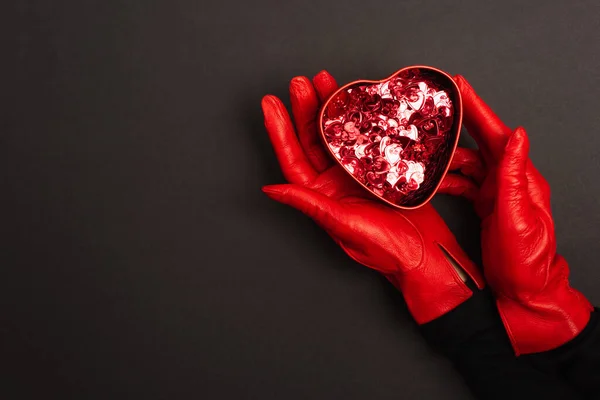 Cropped View Woman Red Gloves Holding Metallic Heart Shaped Box — Fotografia de Stock