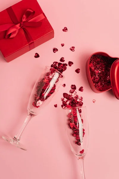 Top View Champagne Glasses Confetti Hearts Metallic Heart Shaped Box — Stock Photo, Image