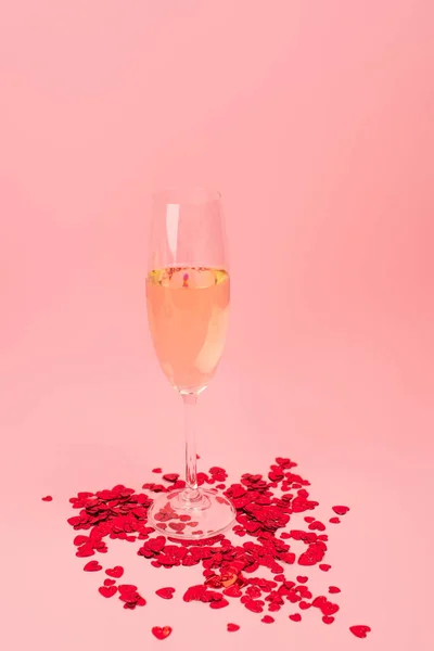 Glass Champagne Red Heart Shaped Confetti Pink — Stock Photo, Image