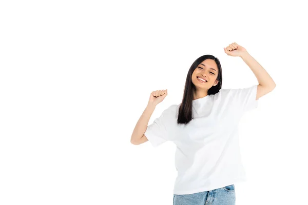 Cheerful Asian Woman Shirt Dancing Isolated White — 스톡 사진
