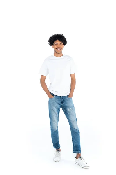 Full Length View Smiling African American Man Standing Hands Pockets — Stock Photo, Image