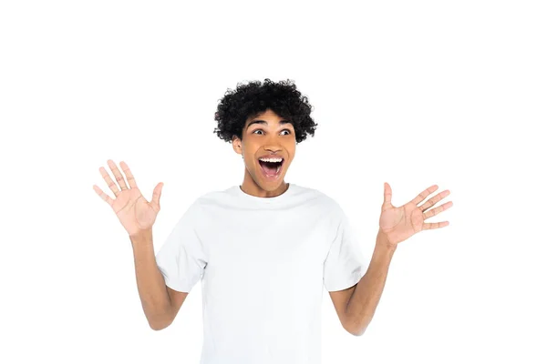 Excited African American Man Open Mouth Looking Away Waving Hands — Stock Photo, Image