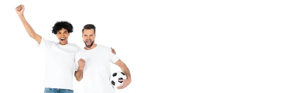 Aficionados Fútbol Alegre Gritando Mostrando Gesto Triunfo Aislado Blanco Bandera —  Fotos de Stock