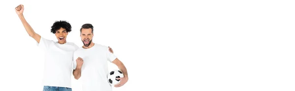cheerful football fans screaming and showing triumph gesture isolated on white, banner