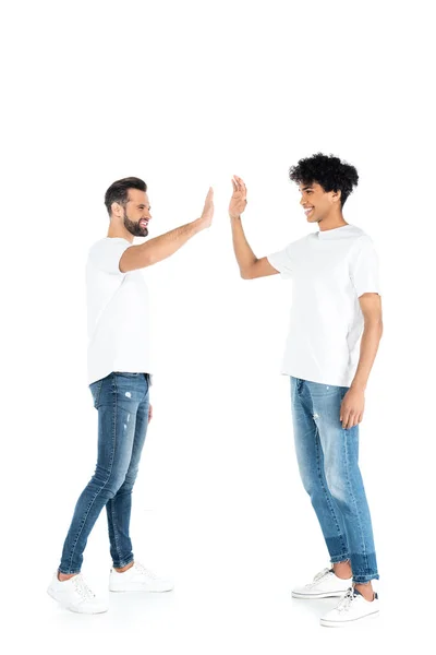 Full Length View Interracial Friends Jeans Shirts Giving High Five — Fotografie, imagine de stoc