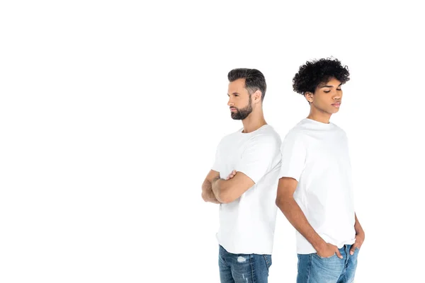 Offended Interracial Men Standing Back Back Crossed Arms Hands Pockets — Stock Photo, Image