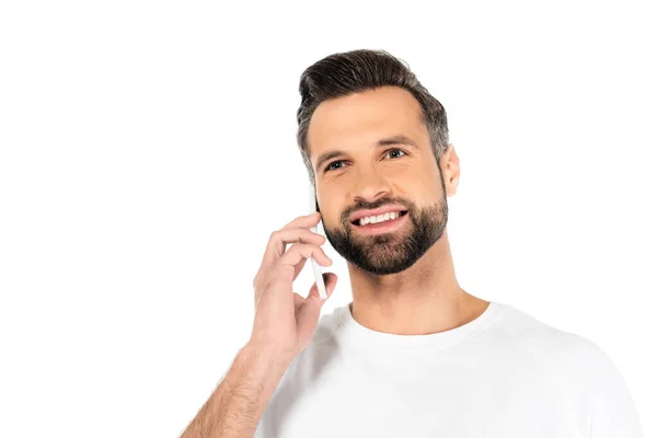 Fröhlicher Bärtiger Mann Der Auf Seinem Handy Isoliert Auf Weißem — Stockfoto