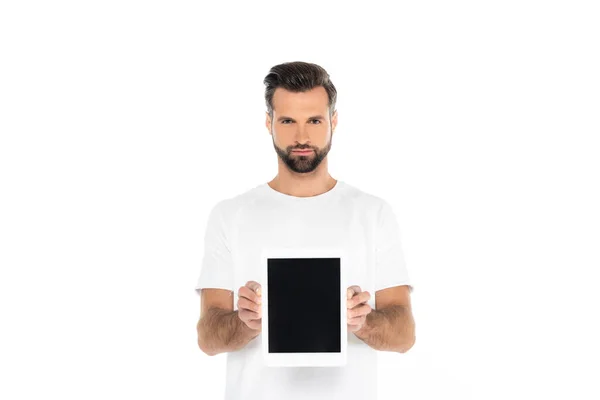 Bearded Man Holding Digital Tablet Blank Screen While Looking Camera — Foto de Stock