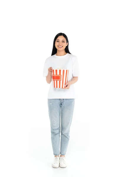 Full Length View Joyful Asian Woman Large Bucket Popcorn Looking — 스톡 사진