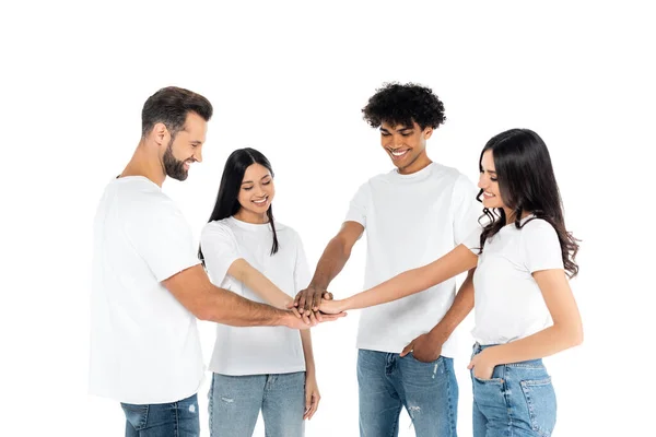 Cheerful Interracial Friends Shirts Joining Hands Isolated White — Foto de Stock