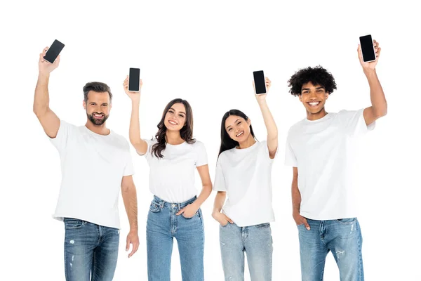 Cheerful Young Woman Showing Smartphones Blank Screen Multiethnic Friends Isolated — Stockfoto