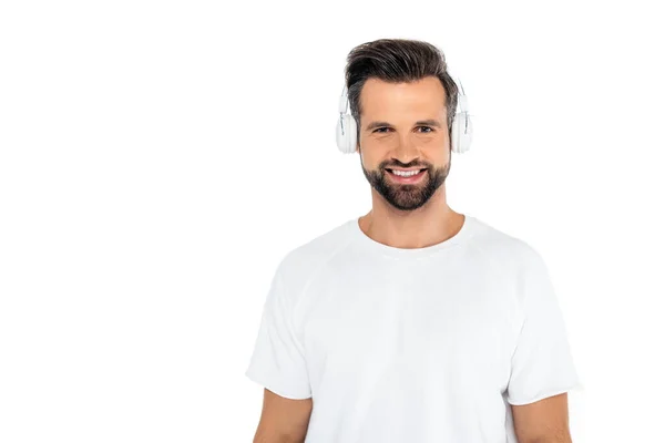 Pleased Bearded Man Listening Music Headphones Looking Camera Isolated White — Fotografia de Stock