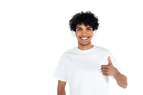 Joyful African American Man Headphones Showing Thumb Isolated White — Stock Photo, Image