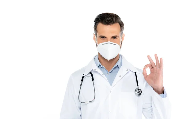 Doctor Medical Mask White Coat Showing Okay Gesture Isolated White — 图库照片