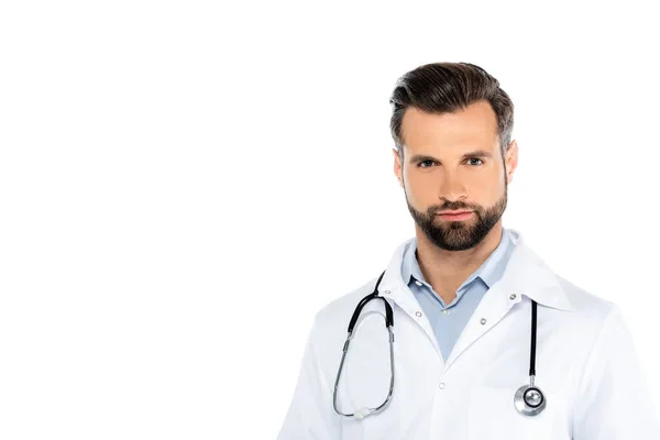 Bearded Man Stethoscope Looking Camera Isolated White — Fotografia de Stock