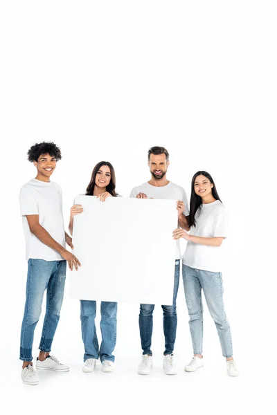 Full Length View Happy Multiethnic Friends Jeans Holding Blank Placard — Fotografie, imagine de stoc