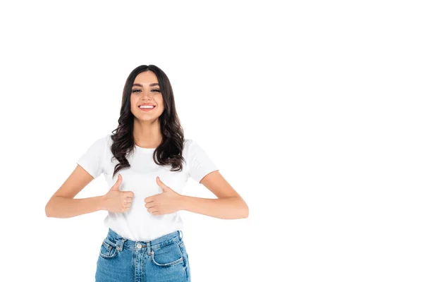 Happy Asian Woman Looking Camera Showing Thumbs Isolated White — стоковое фото