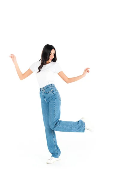 Full Length View Joyful Brunette Woman Jeans Dancing White — ストック写真