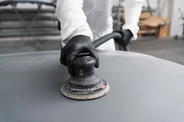 Cropped View Workman Gloves Hazmat Suit Polishing Car Garage — Stock Fotó