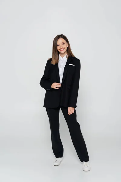 Full Length Happy Stylish Woman Suit Grey — Stockfoto