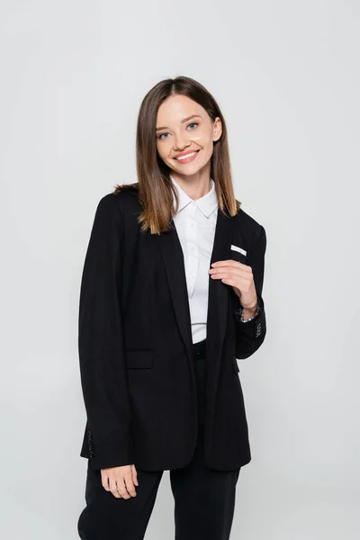 Happy Stylish Woman Suit Smiling Isolated Grey —  Fotos de Stock