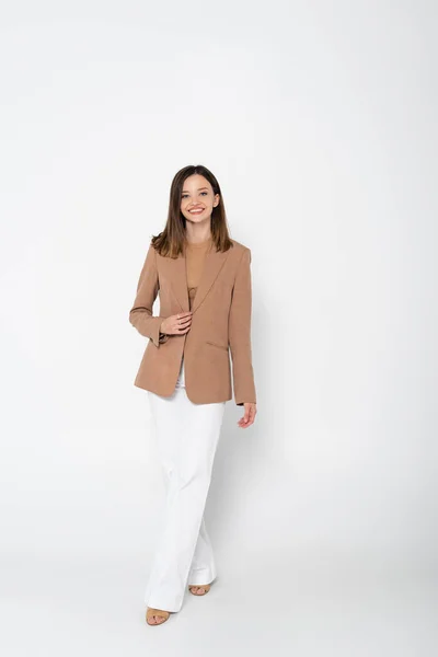 Full Length Happy Young Woman Beige Blazer Posing White — Stock Photo, Image