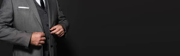 Cropped View Businessman Blazer Dark Grey Background Banner —  Fotos de Stock