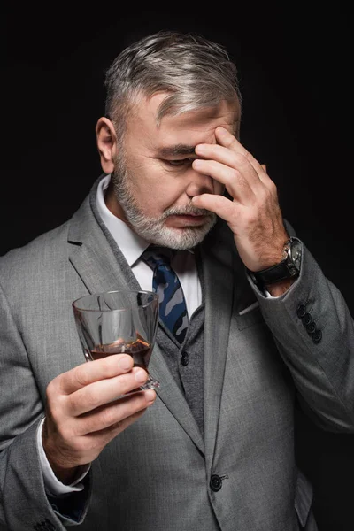 Exhausted Senior Man Holding Glass Whiskey While Suffering Headache Isolated — Stock Fotó