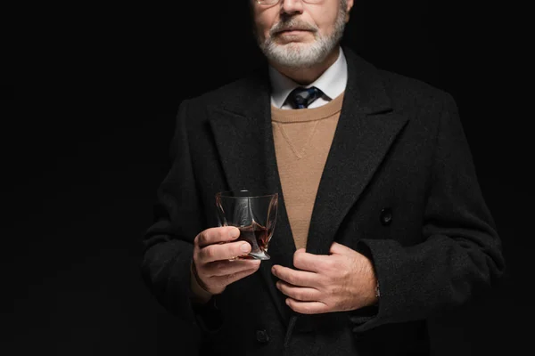 Partial View Senior Man Stylish Coat Holding Glass Whiskey Isolated — Stockfoto