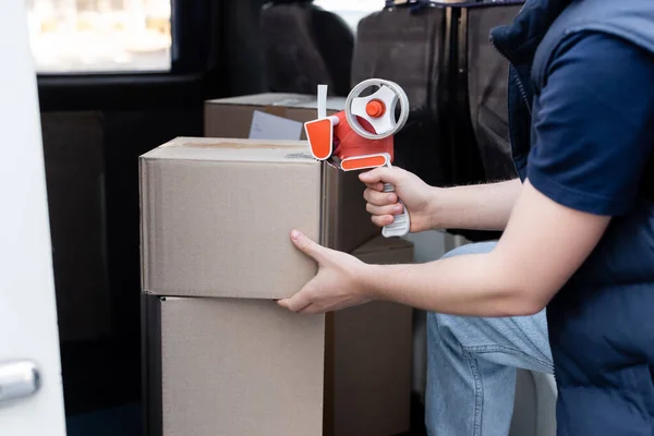 Cropped View Courier Applying Adhesive Tape Box Car — Fotografia de Stock