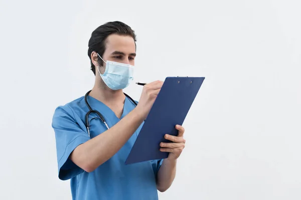 Physician Medical Mask Writing Prescription Clipboard Isolated Grey — Stock Photo, Image