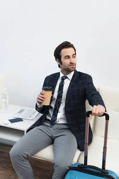 Man Takeaway Drink Looking Away While Waiting Departure Lounge — Stock Photo, Image