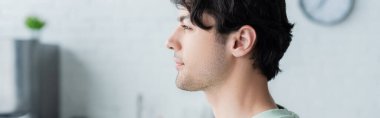profile of young brunette man on blurred background, banner clipart