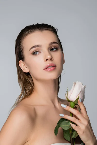 Young Woman Perfect Skin Holding White Rose Looking Away Isolated — Stock Photo, Image