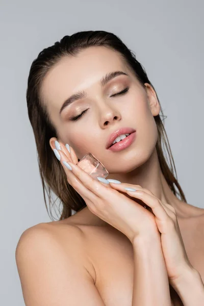 Young Woman Closed Eyes Holding Ice Cube Clean Face Isolated — Stock Photo, Image