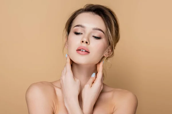 Young Woman Natural Makeup Bare Shoulders Isolated Beige — Φωτογραφία Αρχείου