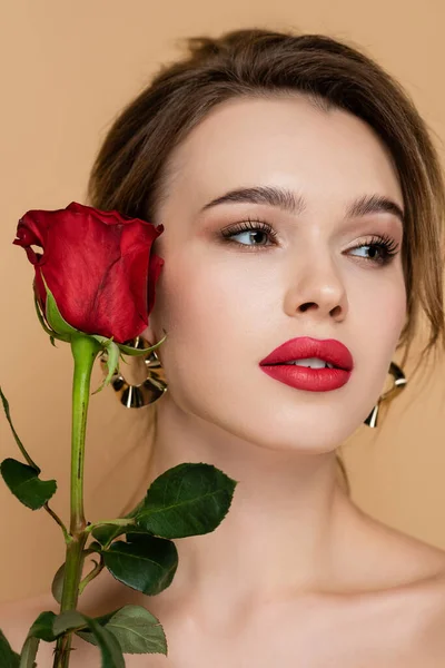 Close View Sensual Woman Makeup Looking Away Red Rose Isolated — Stock Photo, Image