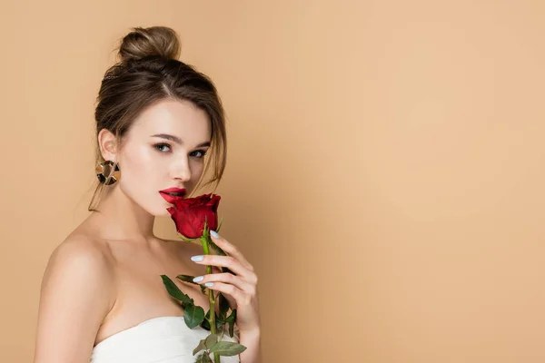 Young Woman Strapless Top Smelling Red Rose Looking Camera Isolated — Stock Photo, Image