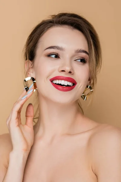 Happy Pretty Woman Red Lips Looking Away Isolated Beige — Stock Photo, Image