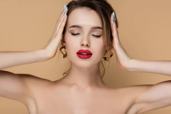 Young Woman Closed Eyes Bare Shoulders Touching Hair Isolated Beige — Stock Photo, Image