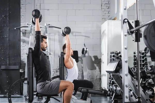 Side View Interracial Sportsmen Lifting Dumbbells Sports Center — Stock Photo, Image