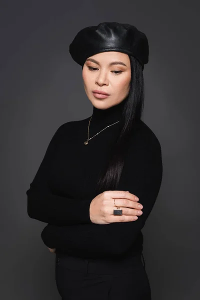 Trendy Asian Woman Beret Turtleneck Standing Isolated Dark Grey — Stock Photo, Image