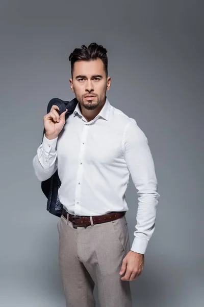 Young Bearded Businessman White Shirt Holding Blazer Isolated Grey — Stock Photo, Image