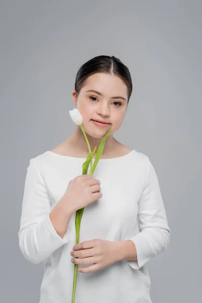 Young Woman Syndrome Holding White Tulip Isolated Grey — Stock Photo, Image