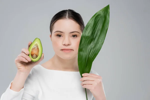 Woman Syndrome Holding Leaf Avocado Isolated Grey — Stock Photo, Image