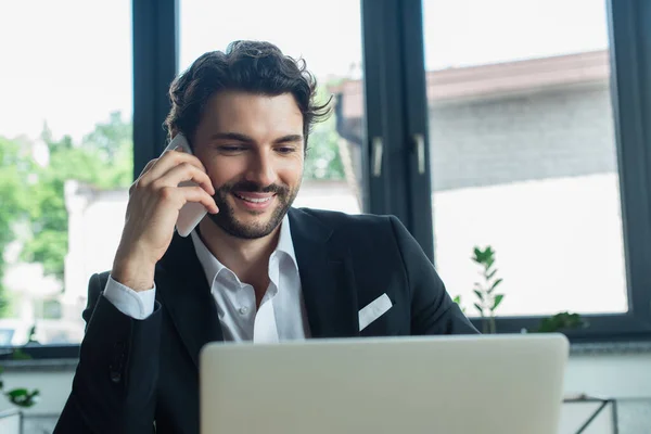Stylish Happy Businessman Talking Mobile Phone Office — Stock Photo, Image