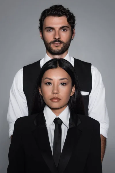 Young Asian Woman Brunette Man Formal Wear Looking Camera Isolated — Stock Photo, Image