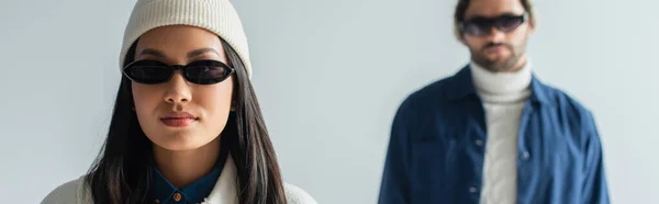 Asian Woman White Beanie Dark Sunglasses Looking Camera Isolated Grey — Stock Photo, Image