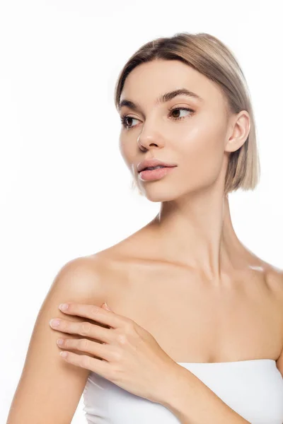Mulher Sensual Com Ombros Nus Olhando Para Longe Isolado Branco — Fotografia de Stock